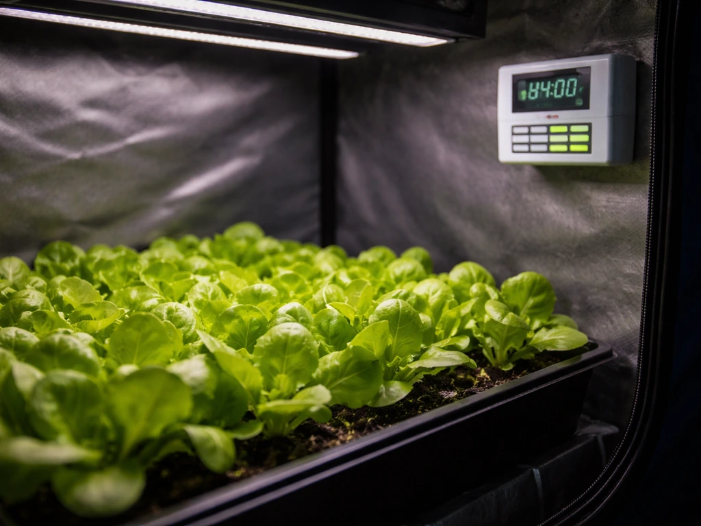 Lettuce seedlings in a grow tent under controlled lighting with a visible light timer display