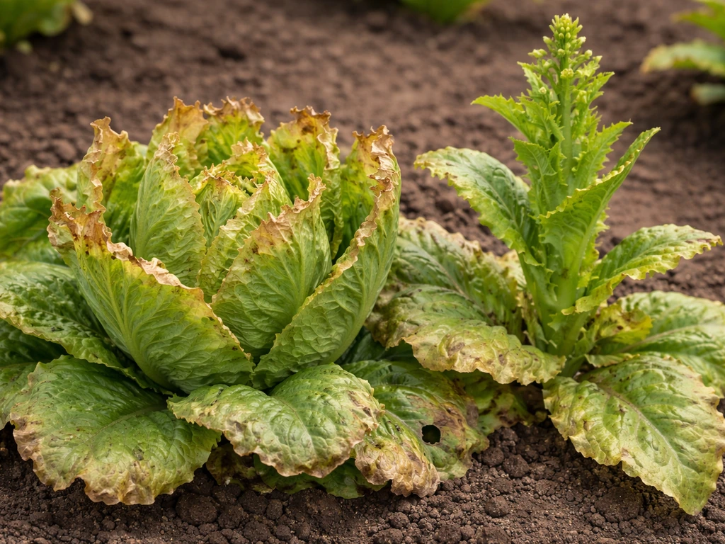 Close-up of lettuce with brown papery tipburn and a partially bolting stalk in a simple garden bed.