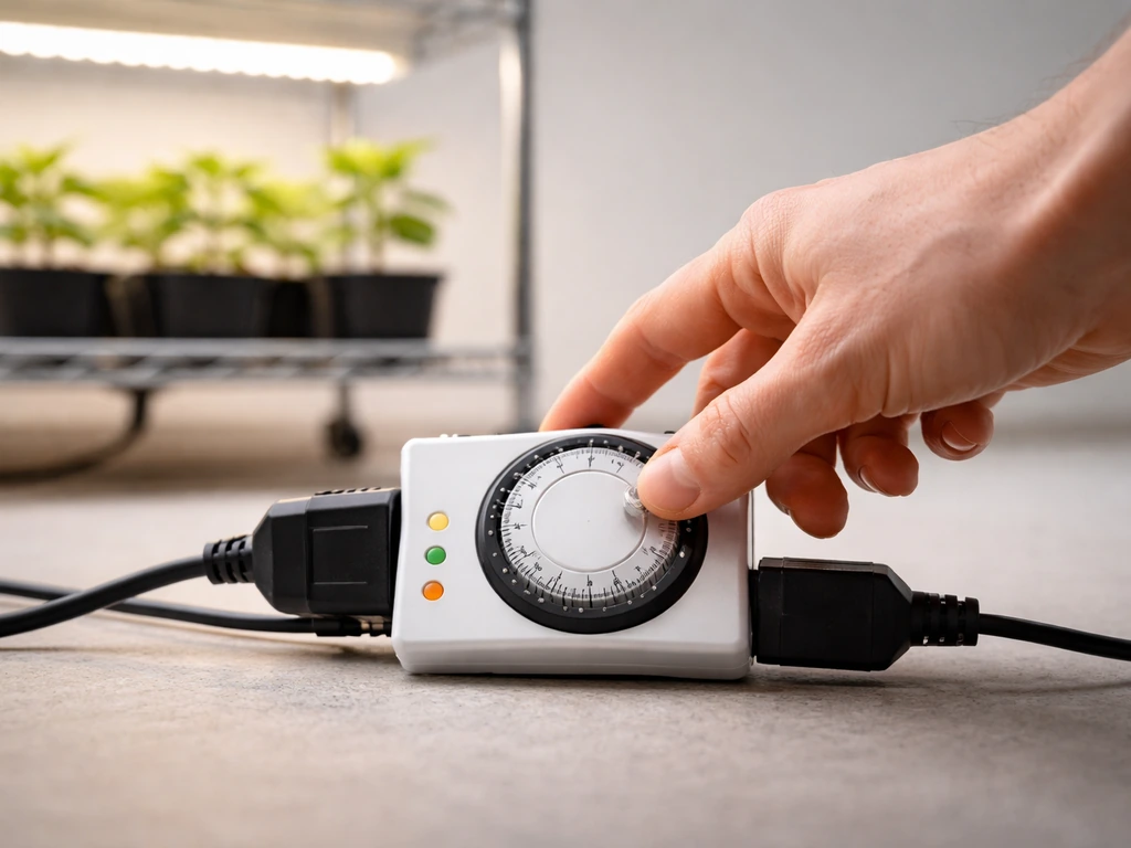 Close-up of a lighting timer and power plug beside an indoor grow rack, showing a dial being adjusted.