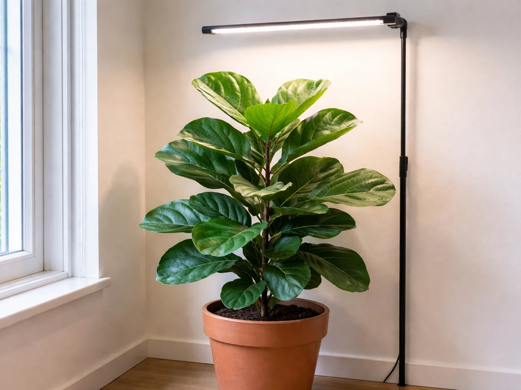 Fiddle leaf fig under a full-spectrum LED grow light in a bright indoor corner.