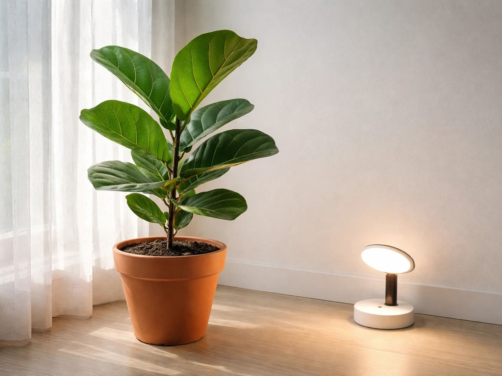 Fiddle leaf fig by a bright window with a small grow light nearby for light comparison.
