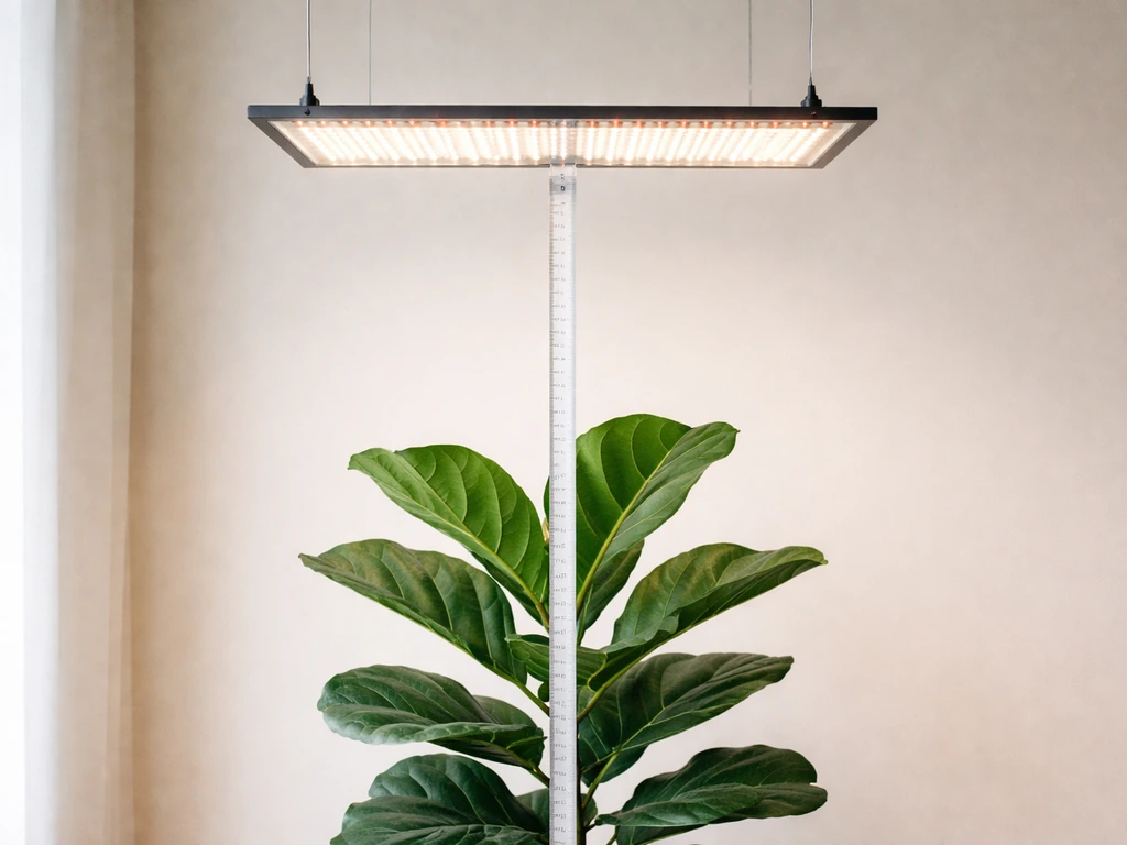LED grow light hanging above a fiddle leaf fig with a tape measure showing the gap distance.
