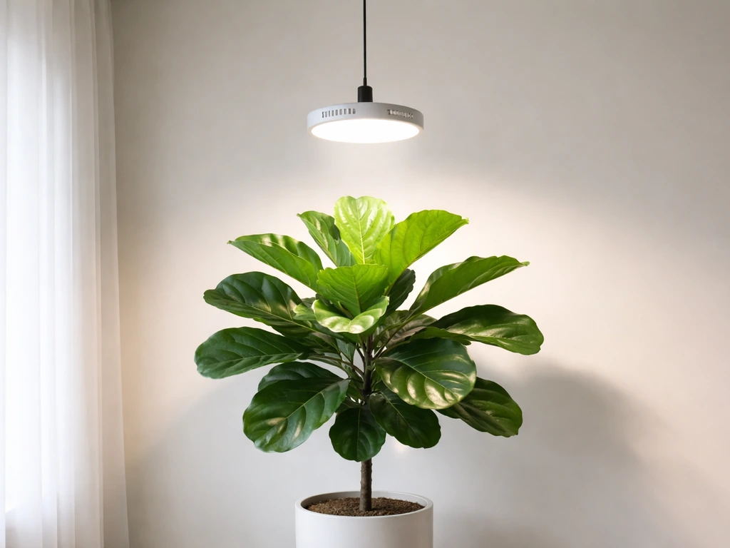 Centered overhead grow light above a fiddle leaf fig, showing correct placement to avoid uneven growth.