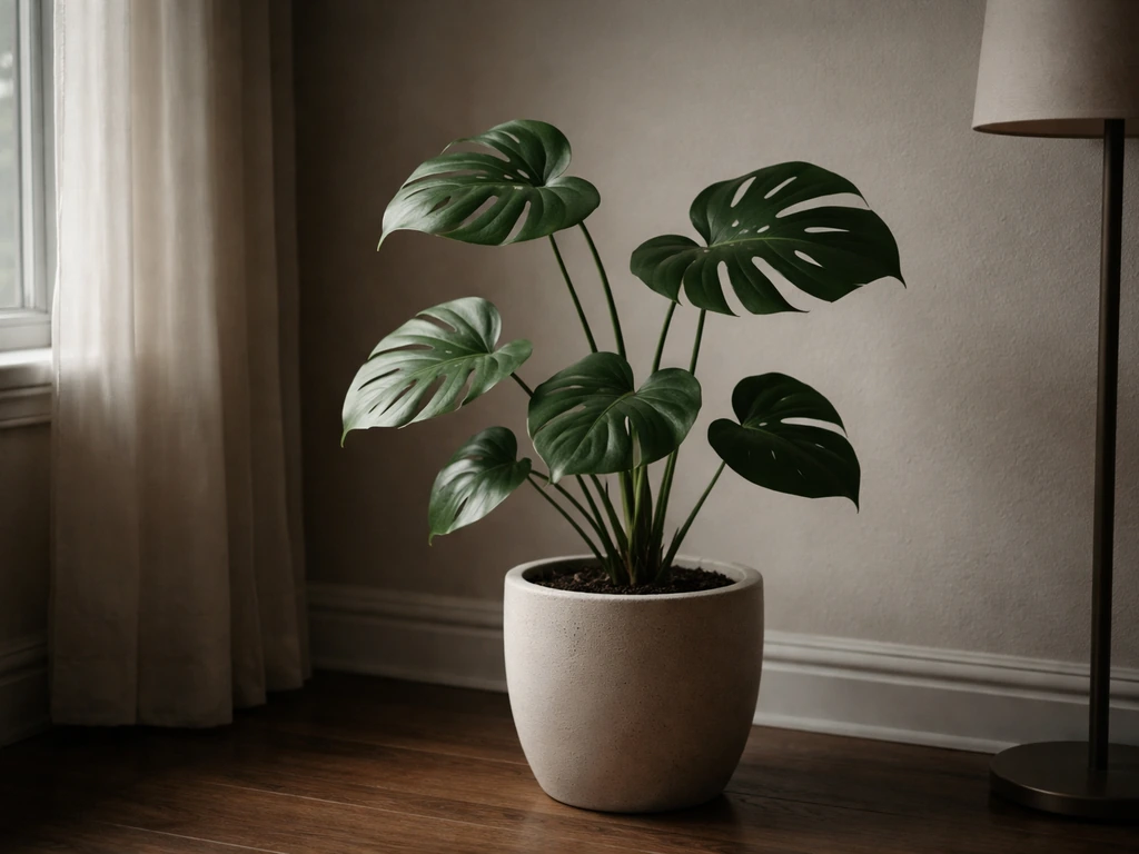 Monstera deliciosa in a dim corner near a window, softly lit to suggest low-light survival and slow growth.