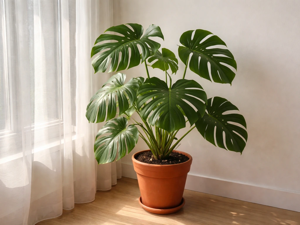 Monstera deliciosa in a terracotta pot placed close to a bright window with soft natural daylight.