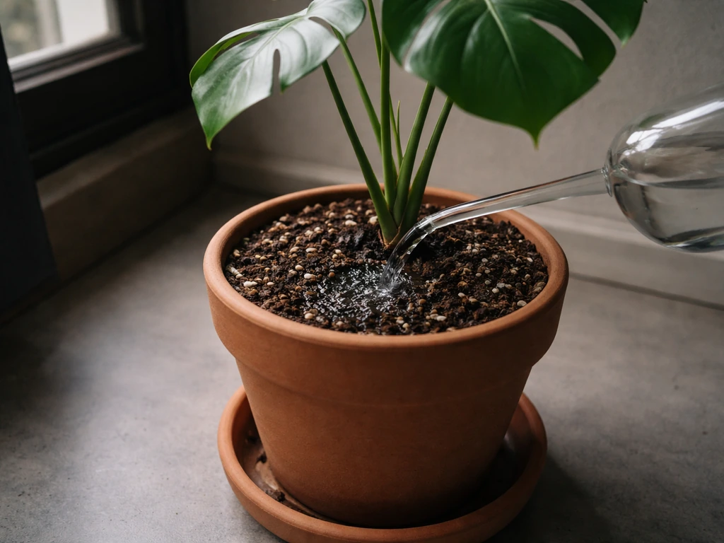 Watering a Monstera in low light with a watering can, moist well-draining soil absorbing water without pooling.