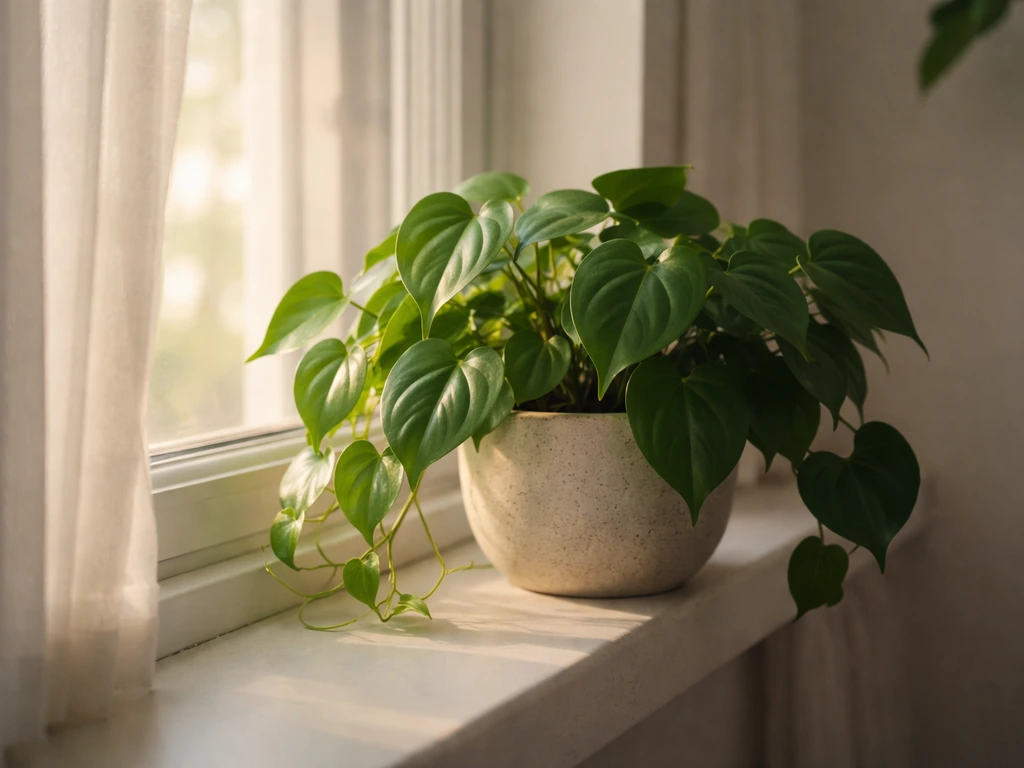 Heartleaf philodendron thriving in soft low light near a window
