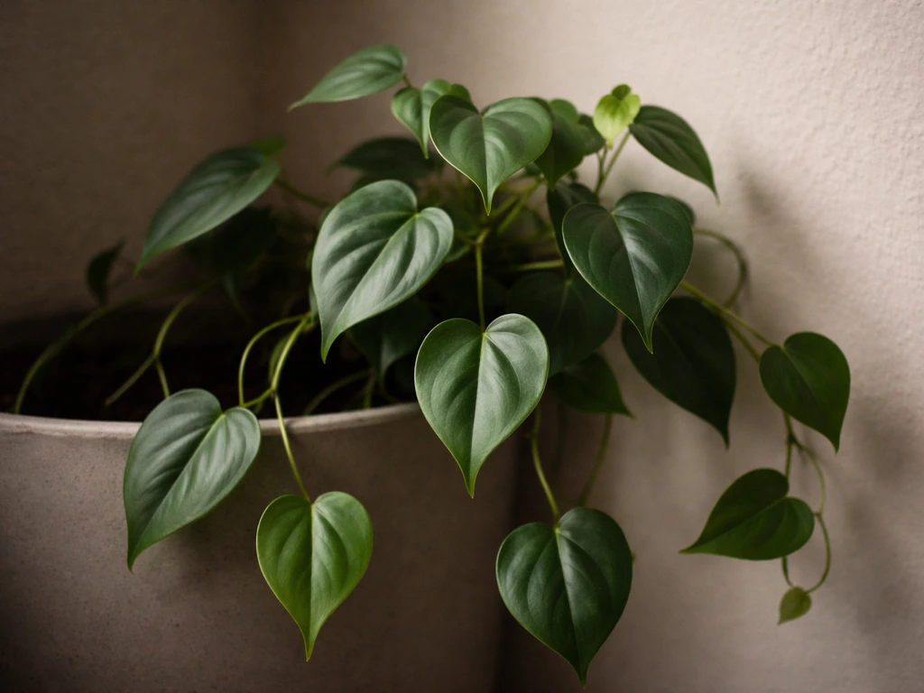 Close-up heartleaf philodendron leaves in a dim corner, showing subtle low-light growth