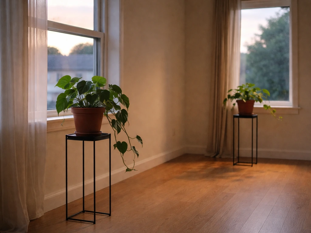 Sunlit corner with a heartleaf philodendron near windows at different distances for low-light placement.
