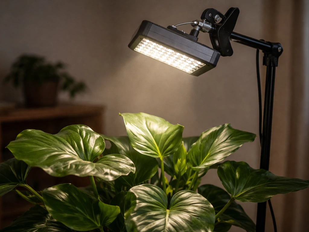 LED grow light clipped above a philodendron, shining onto leaves in a dim corner