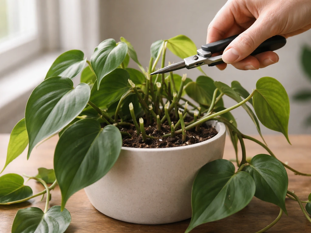 Hand trims leggy heartleaf philodendron stems with clean scissors; fresh cut ends visible in the pot.
